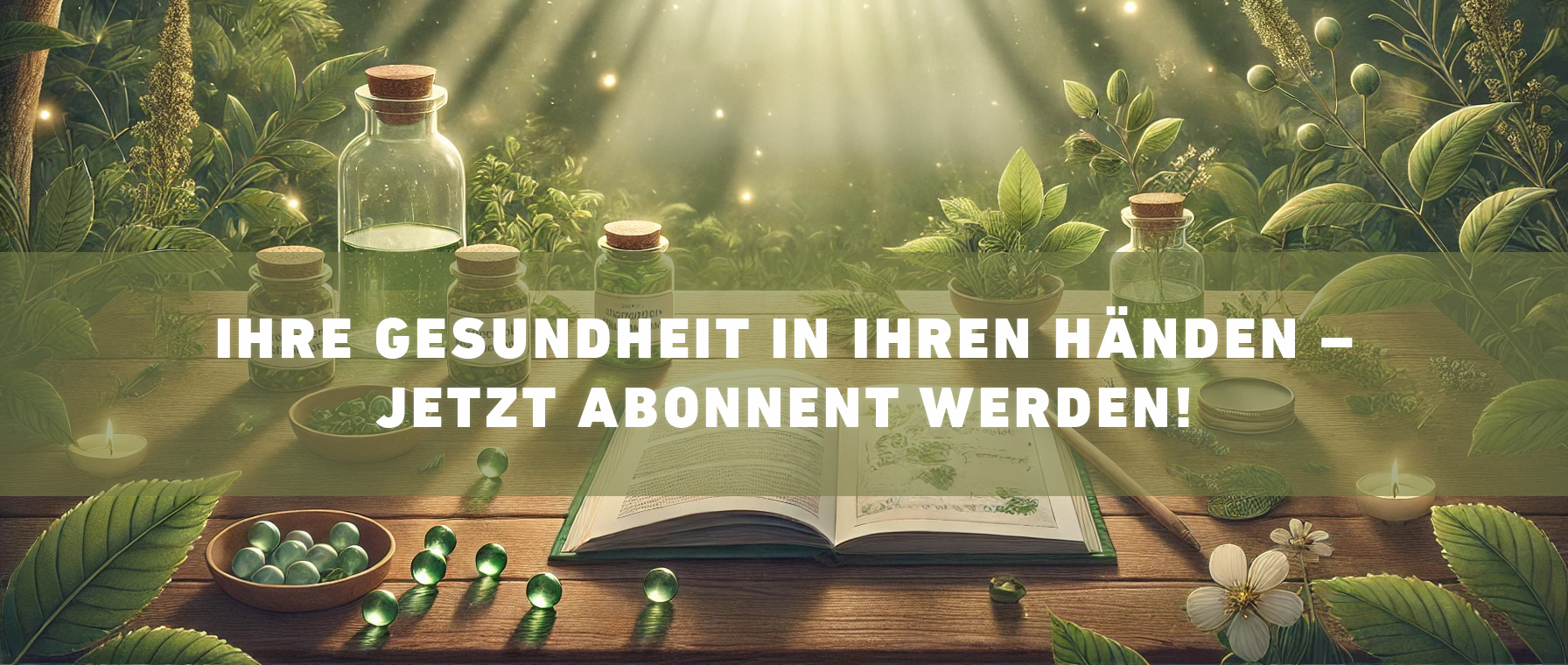Werbegrafik für ein Abonnement zur naturheilkundlichen Selbstmedikation. Der Ratgeber für Naturheilkunde, Homöopathie und Heilpflanzen. Das Bild zeigt eine ruhige Naturszene mit grünen Blättern und Sonnenlicht, das durch die Bäume scheint. Im Vordergrund liegt ein Holztisch mit einem offenen Notizbuch, kleinen Gläsern mit Heilmitteln und Globuli. Eingeblendeter Text wirbt mit der Überschrift: 'Ihre Gesundheit in Ihren Händen – Jetzt Abonnent werden!' sowie einem Aufruf zum exklusiven Zugang zu naturheilkundlichen Tipps für 2,99 € pro Monat.